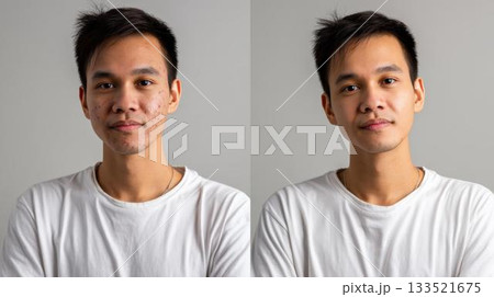 青春ニキビが治って美肌になった若い男性のビフォアアフター 133521675