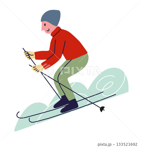 Vector illustration with flat cartoon man skiing downhill in winter clothes, snowy landscape, Christmas colors, dynamic outdoor activity theme for seasonal sports projects and holiday visuals Vector illustration with flat cartoon man skiing downhill in winter clothes, snowy landscape, Christmas colors, dynamic outdoor activity theme for seasonal sports projects and holiday visuals 133521692