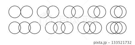 Two and three intersecting circles. Circle Venn diagram with two and three parts. Infographic chart line icon. 2, 3 overlap balance elements diagram. Vector illustration isolated on white background Two and three intersecting circles. Circle Venn diagram with two and three parts. Infographic chart line icon. 2, 3 overlap balance elements diagram. Vector illustration isolated on white background 133521732