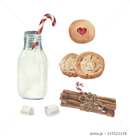 Watercolor cute Christmas set with milk and cookie for Santa Claus Watercolor cute Christmas set with milk and cookie for Santa Claus 133522239