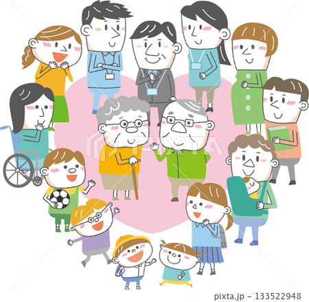 地域で支える介護と福祉のつながり — ハートに囲まれた高齢者と多様な人々のイラスト 133522948