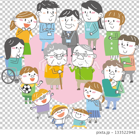 地域で支える介護と福祉のつながり — ハートに囲まれた高齢者と多様な人々のイラスト 133522948