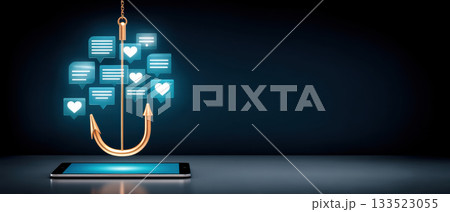Phishing concept smartphone hook social message notification heart like cybercrime scam bait security awareness 133523055