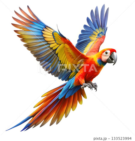A vibrant Scarlet Macaw parrot with wings spread wide in flight against a clean white background 133523994