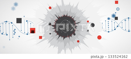 Abstract medical or science hexagons background, DNA strands, connected neural web 133524162