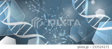 Abstract medical or science hexagons background, DNA strands, connected neural web Abstract medical or science hexagons background, DNA strands, connected neural web 133524171