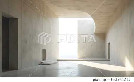Open Geometric Concrete Space Illuminated by Morning Horizon Light 133524217