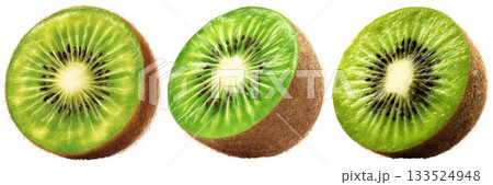 Three freshly cut ripe kiwifruit halves displaying vibrant green flesh and black seeds isolated on white background 133524948