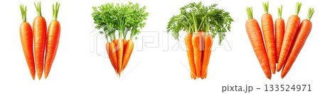 Fresh orange carrots with green tops displayed in a group healthy root vegetables for cooking isolated on white background 133524971