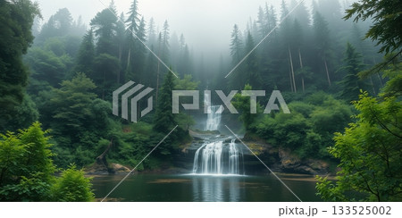 Misty Forest Waterfall: Serene Cascade and Greenery in a Lush Landscape Misty Forest Waterfall: Serene Cascade and Greenery in a Lush Landscape 133525002