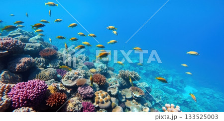 Vivid underwater scene with colorful coral reef and schooling yellow fish 133525003