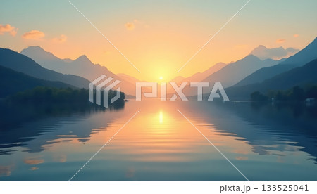 Peaceful Artistic Landscape with Warm Horizon and Calm Waters 133525041