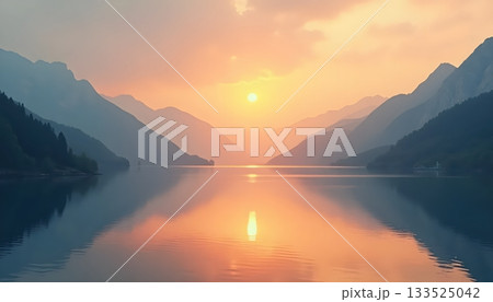 Golden Hills Reflecting Blue Mountains Under Glowing Sunrise Light 133525042