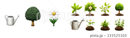 Gardening elements various plants watering can and soil for cultivation projects isolated on white background 133525103