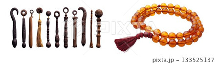 Collection of ritual objects and buddhist prayer beads showcasing spiritual and cultural artifacts isolated on white background 133525137