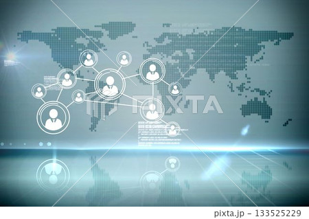 Stylized design is showing linked avatar icons on grid with dotted world map and code snippets 133525229