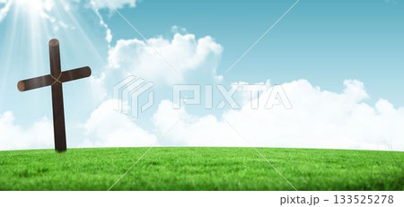 Wooden cross is standing in flat design grassy hill under bright sunrays and blue sky clouds Wooden cross is standing in flat design grassy hill under bright sunrays and blue sky clouds 133525278