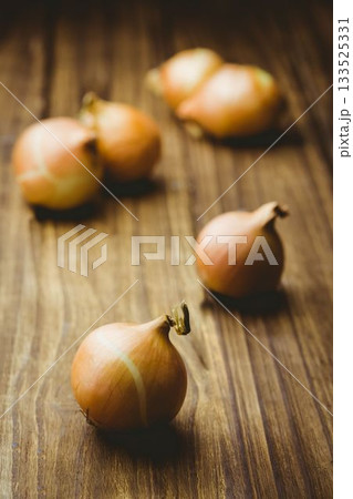 Fresh onion on wooden tables 133525331