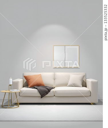 Modern living room interior design with a white sofa, pillows, a table, and a frame. 133525332