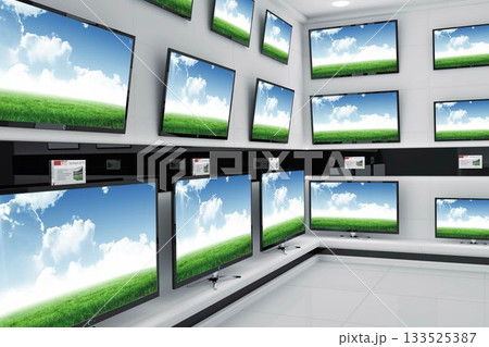 Flat-screen TVs are showing grass and sky wallpaper on shelf with signage in flat design showroom Flat-screen TVs are showing grass and sky wallpaper on shelf with signage in flat design showroom 133525387