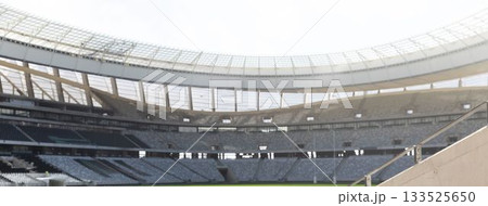 Empty stadium bowl is showcasing flat design with tiered seating, roof beams, barrier railing 133525650