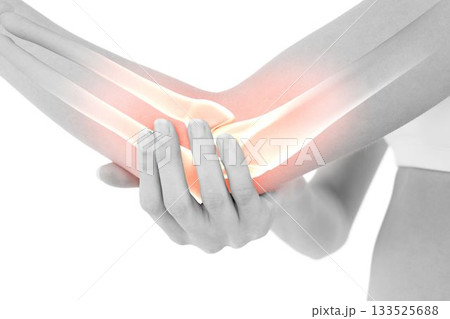 Highlighted bones of woman holding elbow Highlighted bones of woman holding elbow 133525688