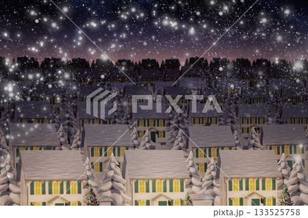 Snow-covered homes are being shown in flat design winter twilight, with glowing windows and pines 133525758