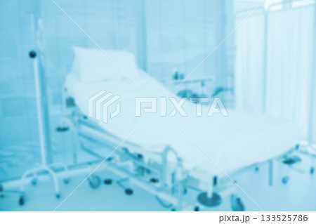 Bed is standing in flat design ward, featuring white linens, IV stand, frosted glass, curtains 133525786
