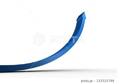 Glossy blue arrow is curving upward in minimal 3D vector design on white backdrop casting shadow Glossy blue arrow is curving upward in minimal 3D vector design on white backdrop casting shadow 133525799