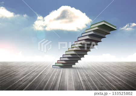 Stack of hardcover books is forming diagonal staircase on wooden deck under cloudy sky, flat design Stack of hardcover books is forming diagonal staircase on wooden deck under cloudy sky, flat design 133525802