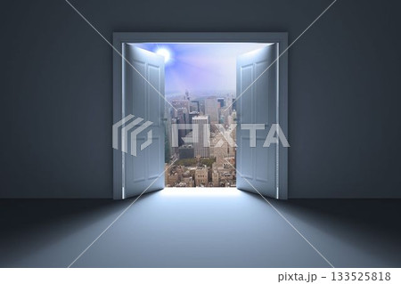 Cityscape seen from open door 133525818