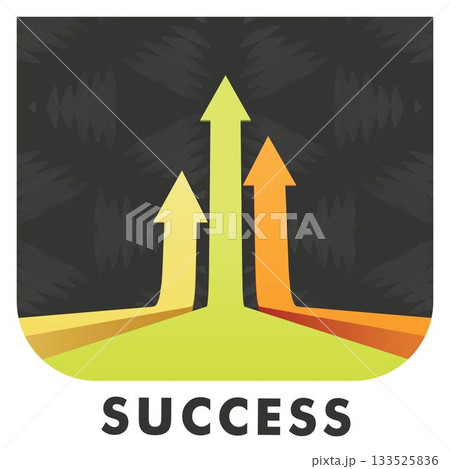 Image of success text under orangem green and yellow upward arrows on dark grey pattern, copy space 133525836