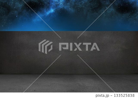 Flat design concrete floor is merging into tall wall under vivid starry night sky 133525838