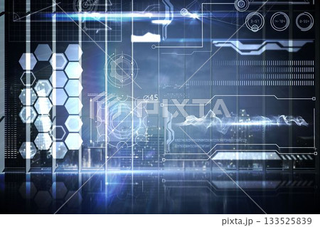 Hologram interface in office overlooking city 133525839