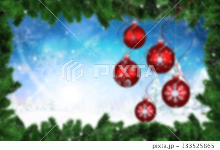Five red Christmas ornaments are hanging in flat design snowy sky scene, with green pine frame 133525865