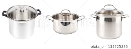 Set of three stainless steel pots with lids showcase kitchen cooking vessels isolated on white background 133525886