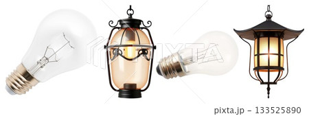 Collection of decorative hanging lanterns and a light bulb isolated on white background 133525890