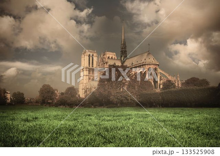 Flat design showing gothic cathedral rising above green grass and trees under dramatic cloudy sky 133525908