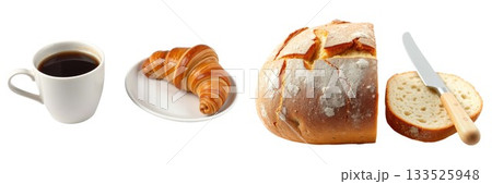 Delicious breakfast spread featuring coffee croissants and bread for a wholesome morning meal isolated on white background 133525948