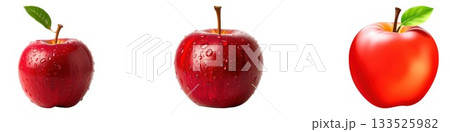 Three vibrant red apples with stems and leaves against a clean white backdrop isolated on white background Three vibrant red apples with stems and leaves against a clean white backdrop isolated on white background 133525982