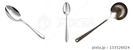 Collection of three shiny silver metal spoons and ladle isolated on a isolated on white background 133526024