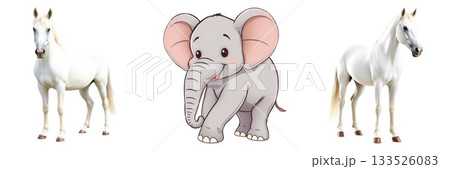 Collection of realistic white animals featuring a giraffe elephant and unicorn standing side by side isolated on white background 133526083