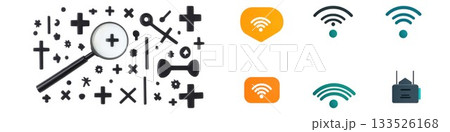 Collection of various symbols icons and magnifying glass graphic design elements isolated on white background 133526168