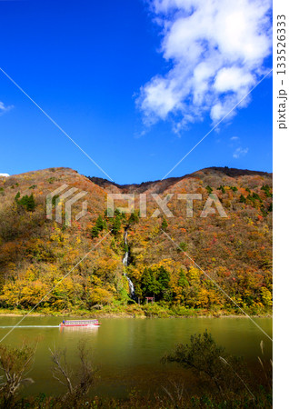 晩秋の最上峡 最上川を回送する舟下り船 白糸の滝 山形県 晩秋の最上峡 最上川を回送する舟下り船 白糸の滝 山形県 133526333