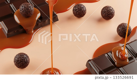 Delicious chocolate bars with caramel sauce and chocolate truffles on a beige background Delicious chocolate bars with caramel sauce and chocolate truffles on a beige background 133526691