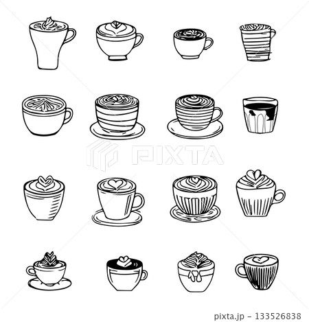 A black and white collection of hand-drawn icons featuring various coffee drinks like lattes and cappuccinos. Each sketch illustrates a unique cup style and latte art pattern, such as hearts, swirls,  133526838
