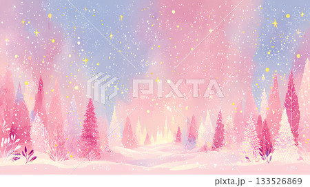 ピンクの幻想的な冬景色と輝く星空のイラスト 133526869