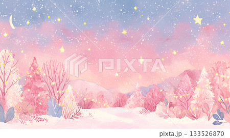 ピンクの木々と星空が広がる温かな冬景色イラスト 133526870