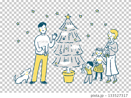 Illustration of a family of four decorating a Christmas tree Illustration of a family of four decorating a Christmas tree 133527317