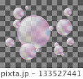 3d Pink Chrome Soap Bubbles. Realistic Translucent Air Bubbles on a transparent background. Flying soap bubbles, vector illustration. 133527441